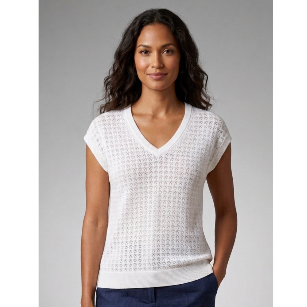 Talbots Women Small/ Medium White Knit Lightweight Coastal Cap Sleeve Cotton Top